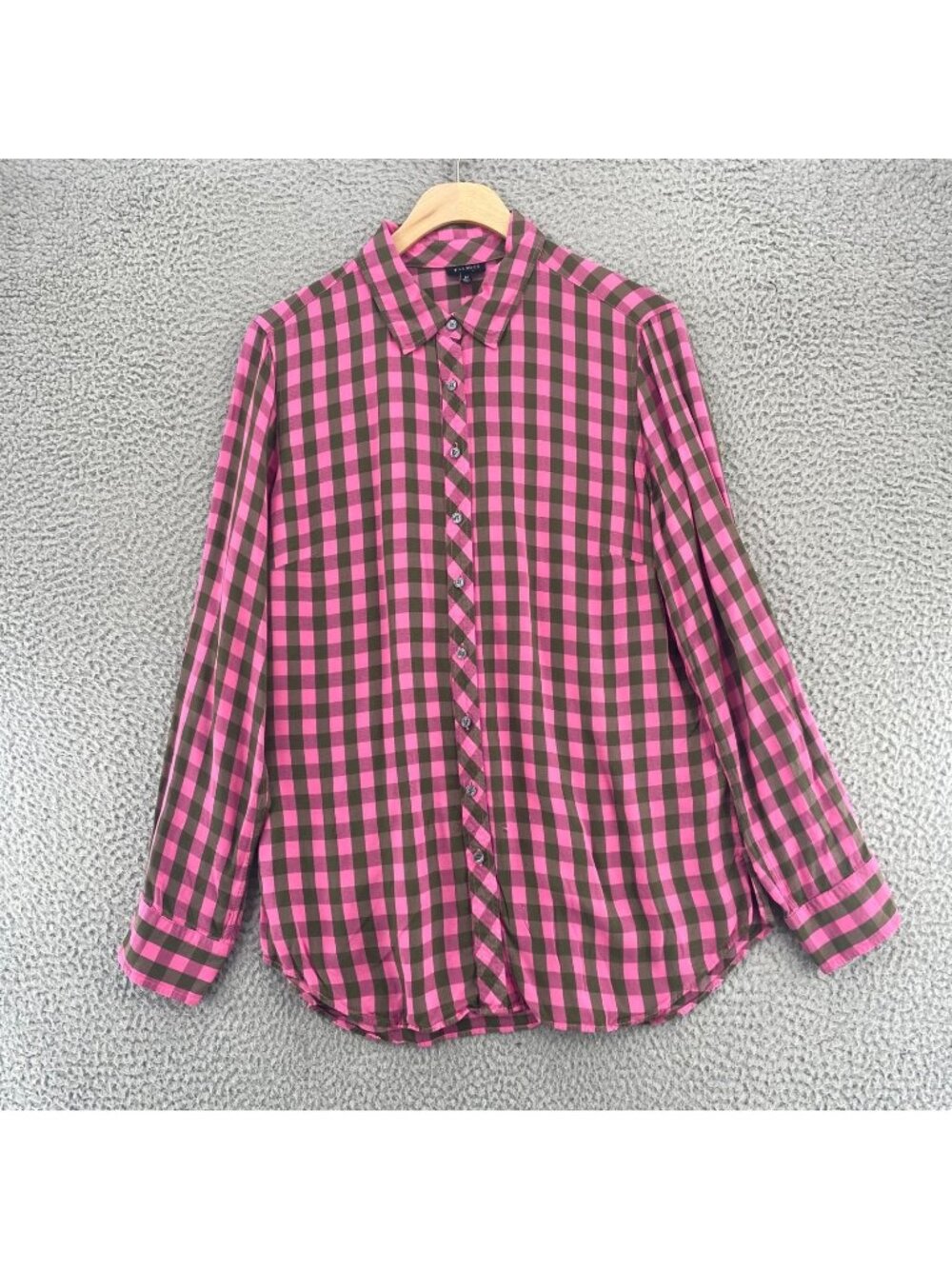 Talbots Shirt Womens Medium Pink Green Gingham Button Up Roll Tab Sleeve Collar*